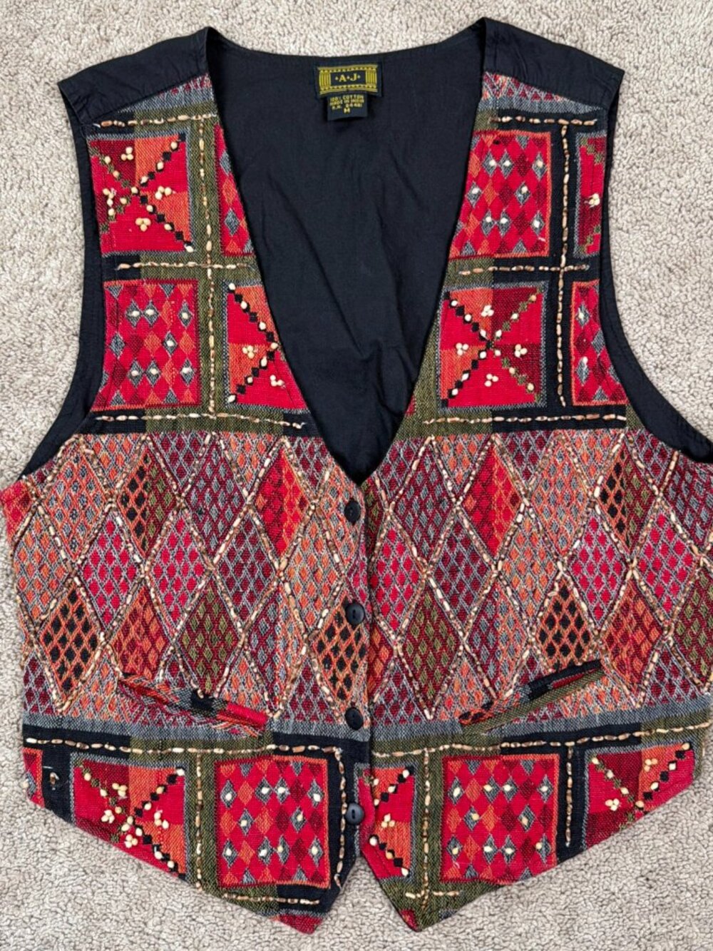 Vintage A. J. Vest Womens M Red Beaded Embroidered Bohemian 90s Tribal Patchwork